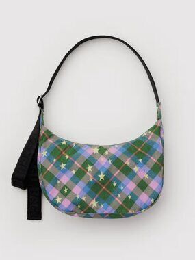 NWT Baggu Medium Crescent Crossbody Bag Green Star Plaid Brand New Purse